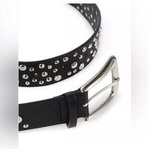 The Kooples chunky black leather studded silver Belt with large Western Buckle.